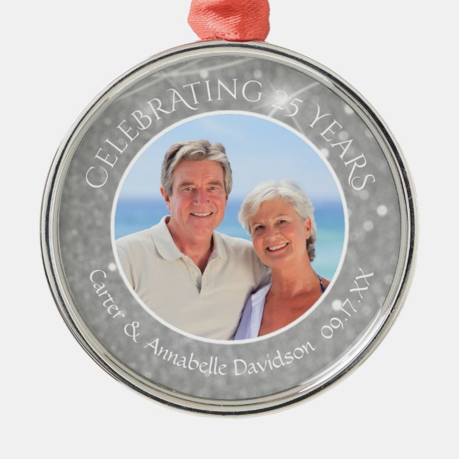 25th Anniversary | Silver Sparkle Photo Metal Ornament (Front)