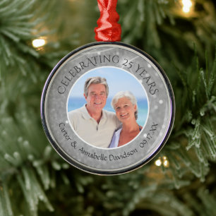 25th Anniversary Silver Sparkle Photo Metal Ornament
