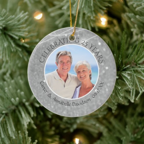 25th Anniversary  Silver Sparkle Two Photo Ceramic Ornament