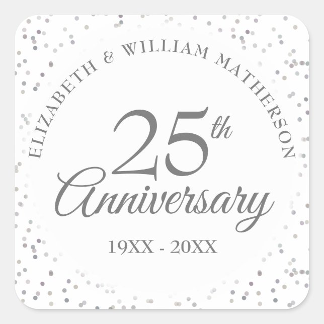 25th Anniversary Silver Stardust Confetti Square Sticker (Front)