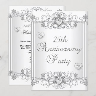 25th Anniversary Silver White Diamond Hearts 2 Invitation