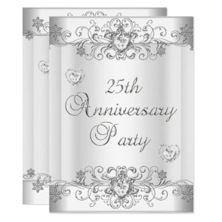 25th Anniversary Silver White Diamond Hearts Invitation