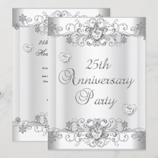 25th Anniversary Silver White Diamond Hearts Invitation
