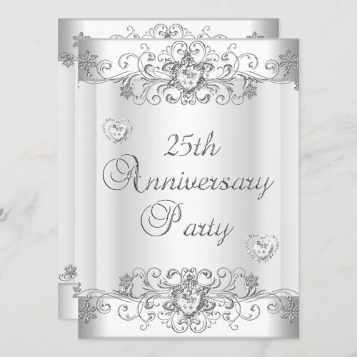25th Anniversary Silver White Diamond Hearts Invitation