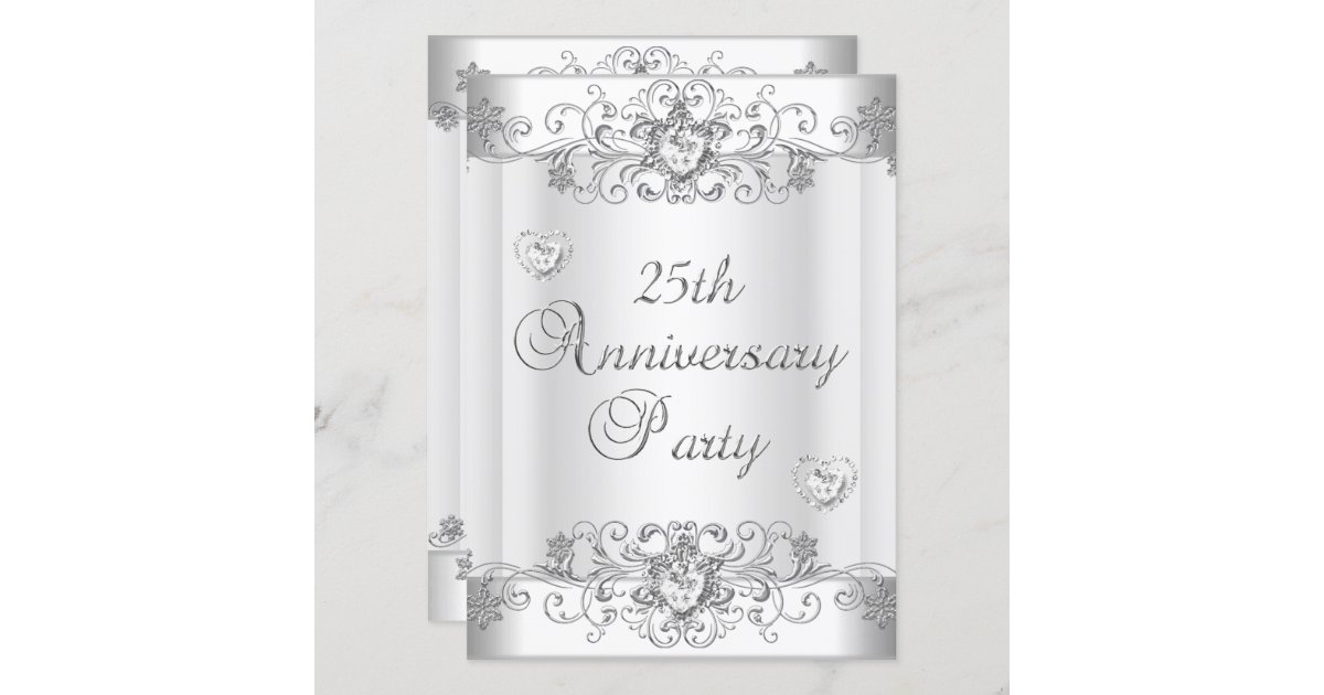 25th Anniversary Silver White Diamond Hearts Invitation | Zazzle