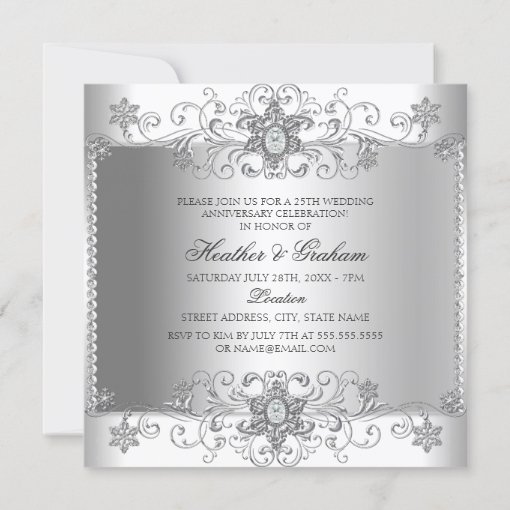 25th Anniversary Silver White Diamond Invitation | Zazzle