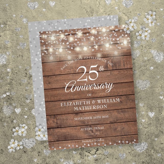 25th Anniversary String Lights Wood Save the Date Announcement Postcard (25th Anniversary String Lights Wood Save the Date Announcement Postcard)