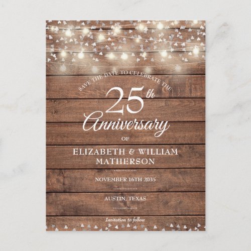 25th Anniversary String Lights Wood Save the Date Announcement Postcard