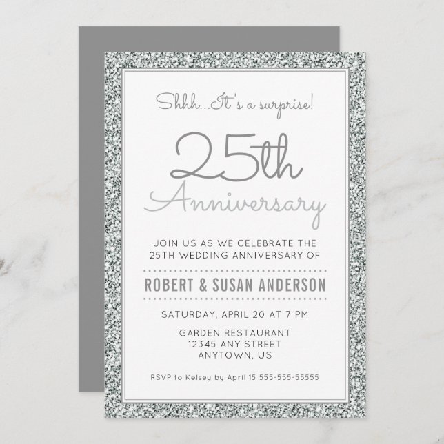 25th Anniversary Surprise | Faux Silver Glitter Invitation (Front/Back)
