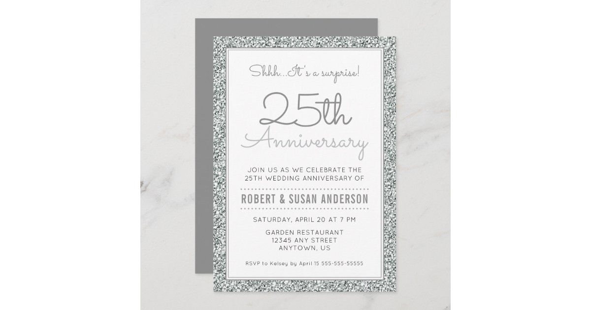 25th Anniversary Surprise | Faux Silver Glitter Invitation | Zazzle