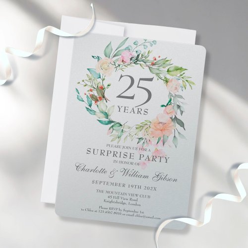 25th Anniversary Surprise Party Floral Metallic Invitation