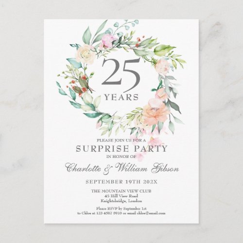 25th Anniversary Surprise Party Roses Garland Announcement Postcard