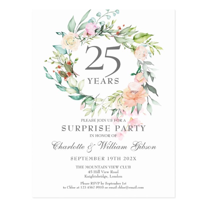 25th Anniversary Surprise Party Roses Garland Postcard | Zazzle.com