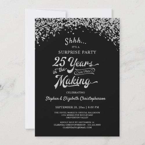 25th Anniversary Surprise Party Silver Confetti Invitation