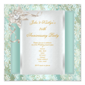 25th Anniversary Teal Damask Silver White 2 Card