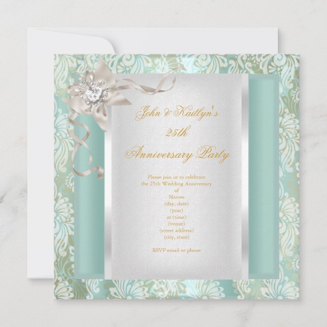 25th Anniversary Teal Damask Silver White 2 Invitation (Front)