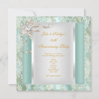 25th Anniversary Teal Damask Silver White 2 Invitation