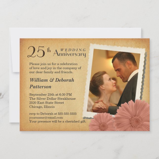 25th Anniversary Vintage Daisy Photo Invitations (Front)