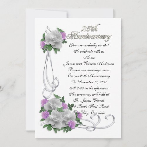 25th Wedding anniversary vow renewal White roses Personalized Invitation