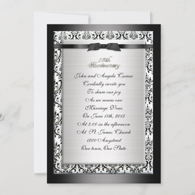 25th Anniversary vow renewal formal damask Invitation (Front)