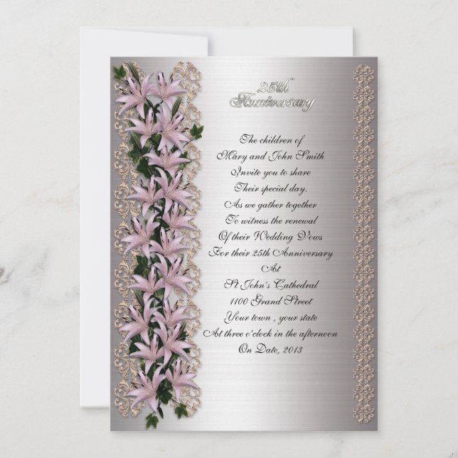 25th anniversary vow renewal ivy and lilies invitation (Front)