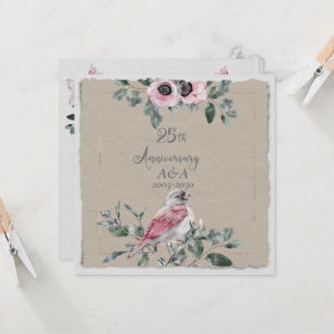 25th Anniversary Watercolor Pink Flowers and Birds Invitation