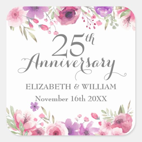 25th Anniversary Watercolour Roses Square Sticker