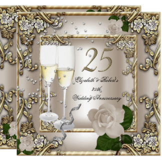 25th Anniversary Wedding Cream Gold Rose Silver Card