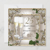 25th Anniversary Wedding Cream Gold Rose Silver Invitation (Front)