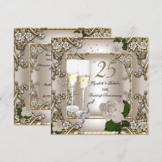 25th Anniversary Wedding Cream Gold Rose Silver Invitation