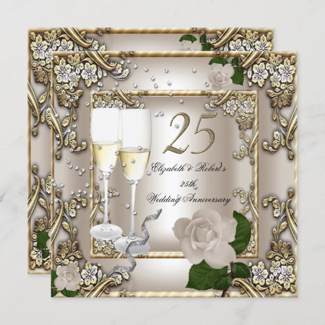 25th Anniversary Wedding Cream Gold Rose Silver Invitation (Front/Back)