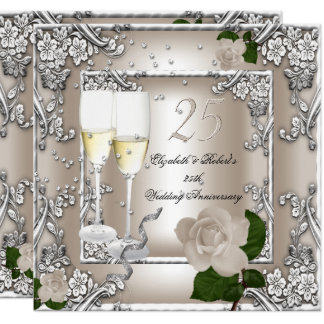25th Anniversary Wedding Cream Rose Silver Card