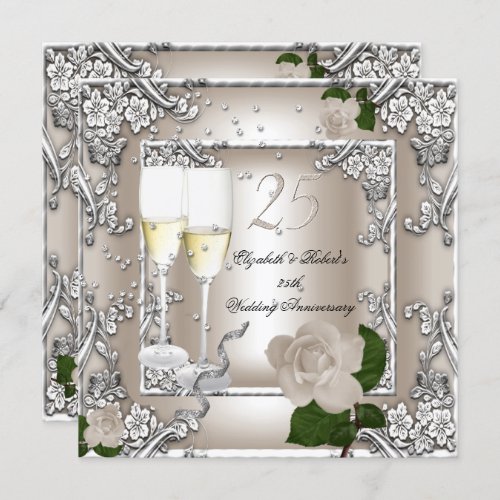 25th Anniversary Wedding Cream Rose Silver Invitation