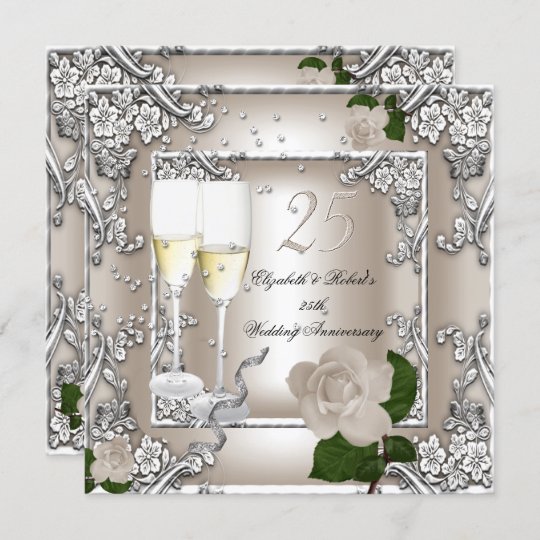 25th Anniversary Wedding Cream Rose Silver Invitation | Zazzle.com