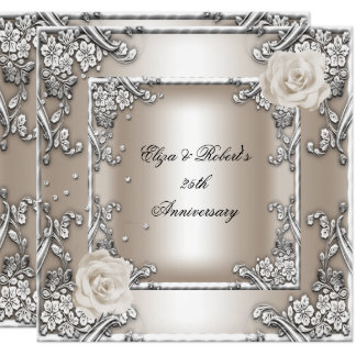 25th Anniversary Wedding Cream Rose Silver Party Card