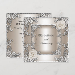 25th Anniversary Wedding Cream Rose Silver Party Invitation