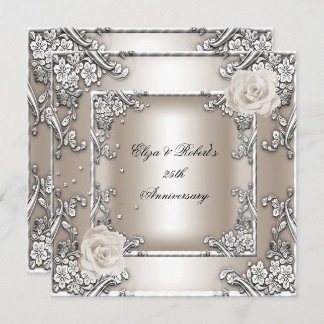 25th Anniversary Wedding Cream Rose Silver Party Invitation (Front/Back)