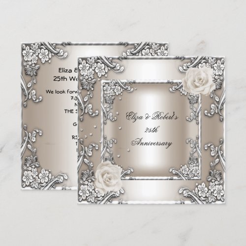 25th Anniversary Wedding Cream Rose Silver Party Invitations
