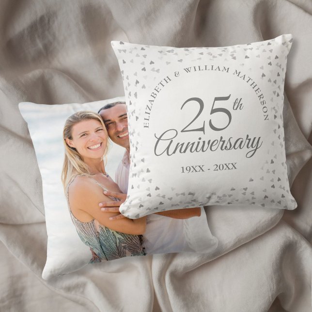 25th Anniversary Wedding Photo Chic Silver Hearts Throw Pillow (25th Anniversary Wedding Photo Chic Silver Hearts Throw Pillow)