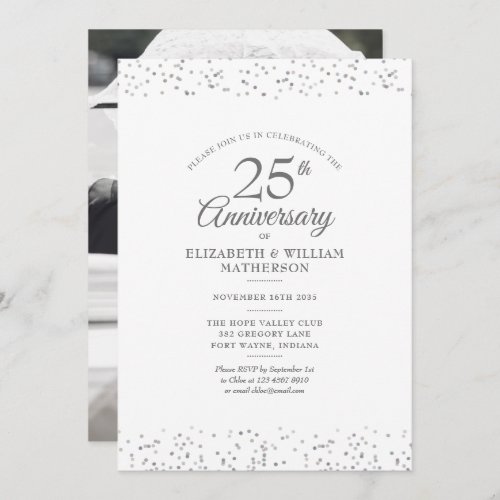 25th Anniversary Wedding Photo Silver Confetti Invitation