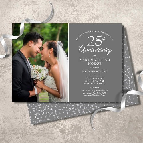 25th Anniversary Wedding Photo Silver Confetti Invitation