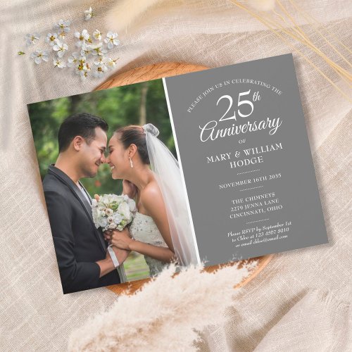 25th Anniversary Wedding Photo Silver Confetti Invitation