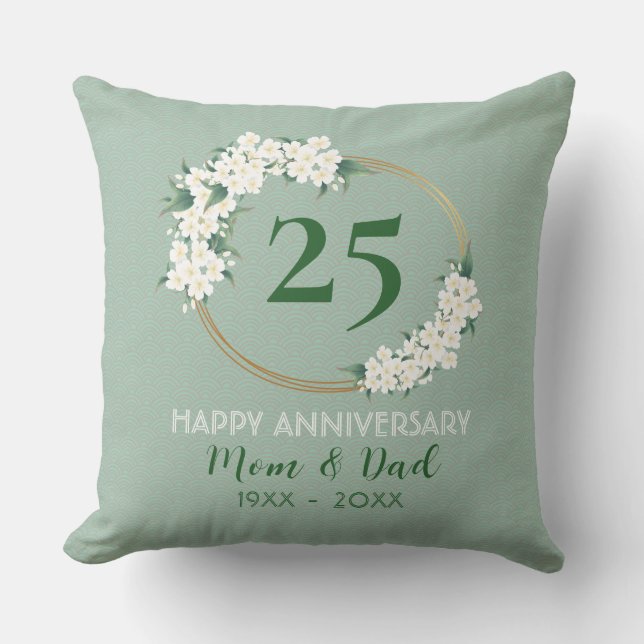 25th Anniversary White Green Floral Chinoiserie  Throw Pillow (Front)