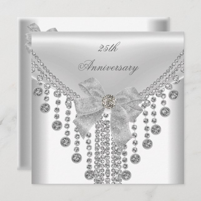 25th Anniversary White Silver Overlay Bow Jewel Invitation (Front/Back)