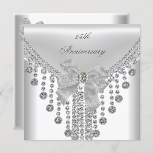 25th Anniversary White Silver Overlay Bow Jewel Invitation