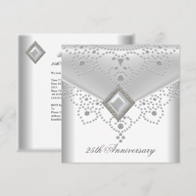 25th Anniversary White Silver Overlay Pearl Jewel Invitation (Front/Back)