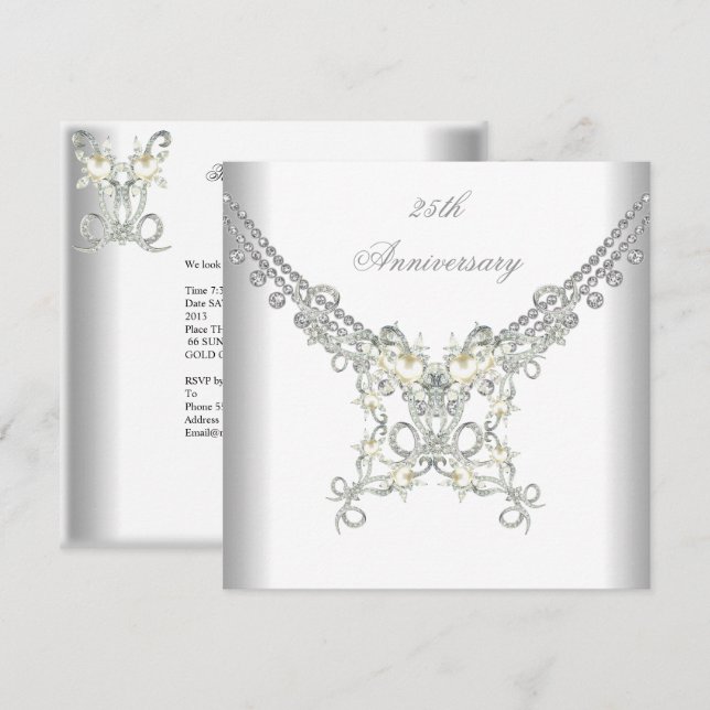 25th Anniversary White Silver Pearl Jewel Invitation (Front/Back)