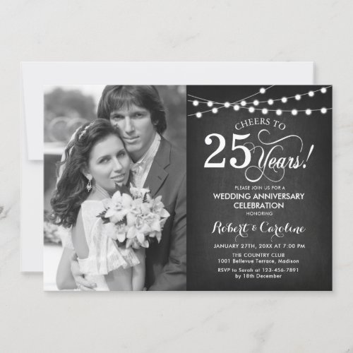 25th Anniversary with Photo _ Chalkboard and White Invitation