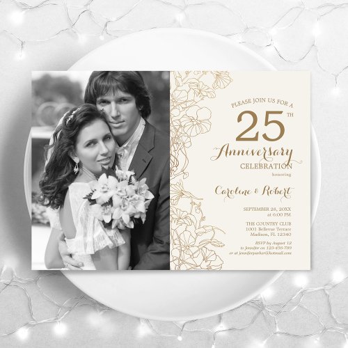 25th Anniversary With Photo _ Ivory Gold Floral Invitation