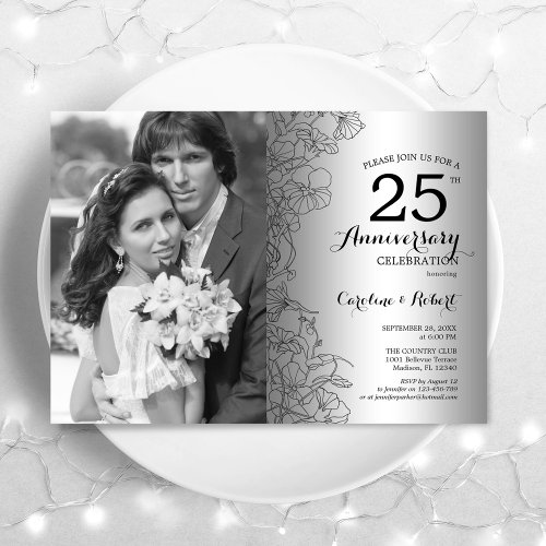25th Anniversary With Photo _ Silver Floral Invitation